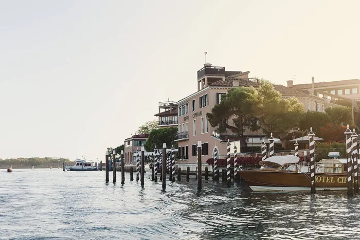Hotel Cipriani Venice exterior aerial view from across the lagoon
