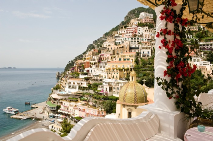 Le Sirenuse suite balcony with bougainvillea and Positano view