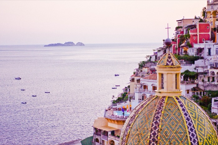 Positano at dusk from Le Sirenuse terrace